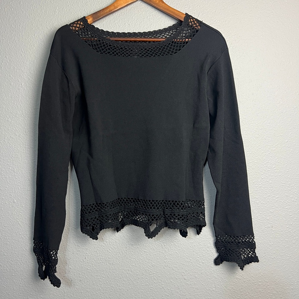 HADI Collection Black Crochet Trim L/SL Whimsical Top XL‎ Elegant Gothic Grunge